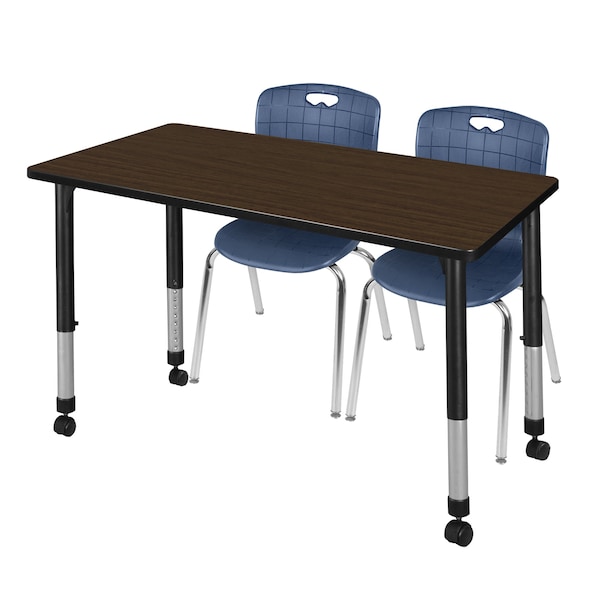 Regency Kee Mobile Adjustable Classroom Table W/ 2 Andy Stack Chairs, 48 in W, 24 in L, Neo Walnut - MT4824NWAPCBK40NV