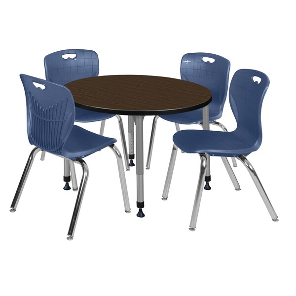 Regency Round Kee Adjustable Classroom Table W/ 4 Andy Stack Chairs, 42 in W, 42 in L, Neo Walnut - TB42RNDNWAPGY40NV