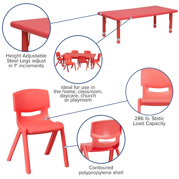 Flash Furniture Rectangle Table Set, 24 W, 48 L, 23.75 H, Plastic, Steel, Red - YU-YCX-0013-2-RECT-TBL-RED-R-GG