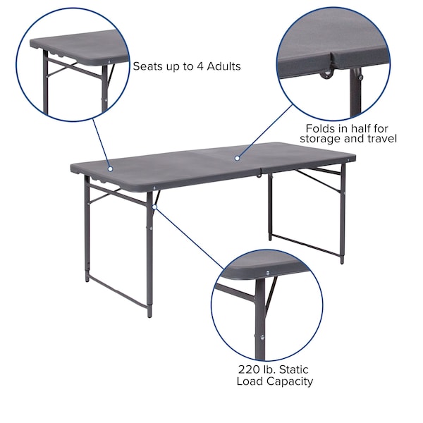 Flash Furniture Rectangle Folding Table, 23.5" W, 48.25" L, 29.5" H, Plastic Top, Grey - DAD-LF-122Z-DG-GG