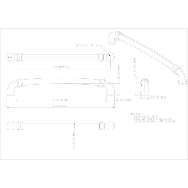 Jeffrey Alexander 12" Center-to-Center Satin Nickel Marie Appliance Handle - 445-12SN