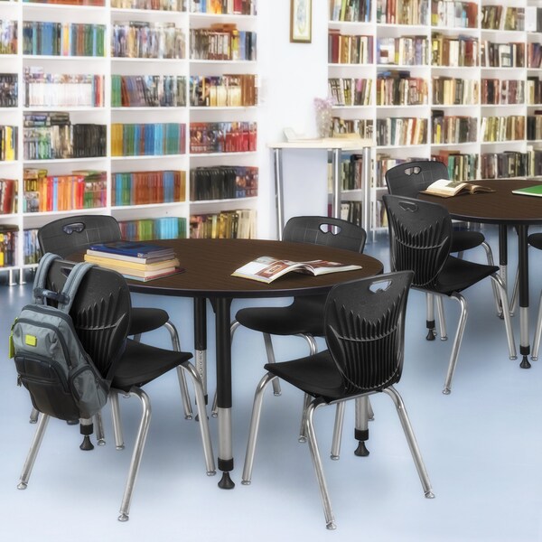 Regency Round Kee Adjustable Classroom Table W/ 4 Andy Stack Chairs, 48 in W, 48 in L, Neo Walnut - TB48RNDNWAPBK40BK