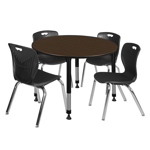 Regency Round Kee Adjustable Classroom Table W/ 4 Andy Stack Chairs, 48 in W, 48 in L, Neo Walnut - TB48RNDNWAPBK40BK
