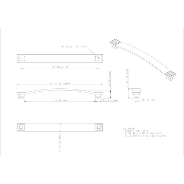 Jeffrey Alexander 12" Center-to-Center Brushed Oil Rubbed Bronze Square Delmar Appliance Handle - 585-12DBAC