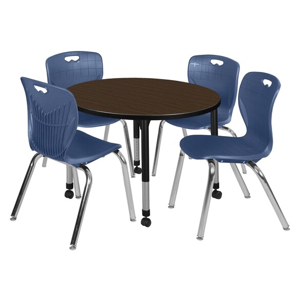 Regency Round Kee Mobile Adjustable Classroom Table W/ 4 Andy Chairs, 36 in W, 36 in L, Neo Walnut - TB36RNDNWAPCBK40NV