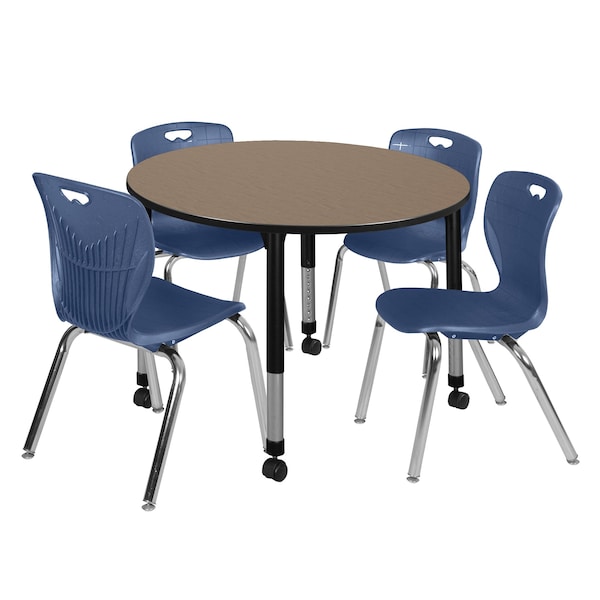 Regency Round Kee Mobile Adjustable Classroom Table W/ 4 Andy Chairs, 48 in W, 48 in L, Noble Oak - TB48RNDNOAPCBK40NV