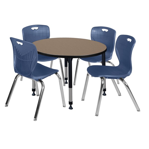 Regency Round Kee Adjustable Classroom Table W/ 4 Andy Stack Chairs, 36 in W, 36 in L, Noble Oak - TB36RNDNOAPBK40NV