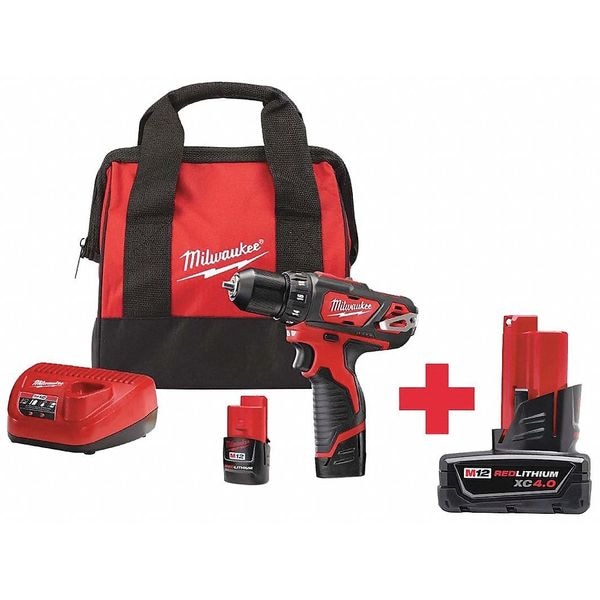 Milwaukee Tool M12 Cordless Drill/Driver Kit, 3/8 in, 12V DC, Battery Included Cordless Drill - 2407-22, 48-11-2440