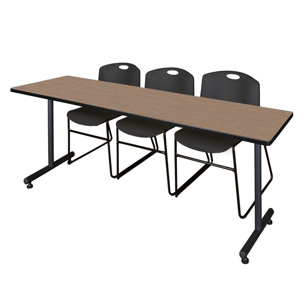 Regency Kobe T-Base Training Seminar Table W/ 2 Zeng Stack Chairs, 84 in W, 24 in L, Noble Oak - MKTRCT8424NO44BK