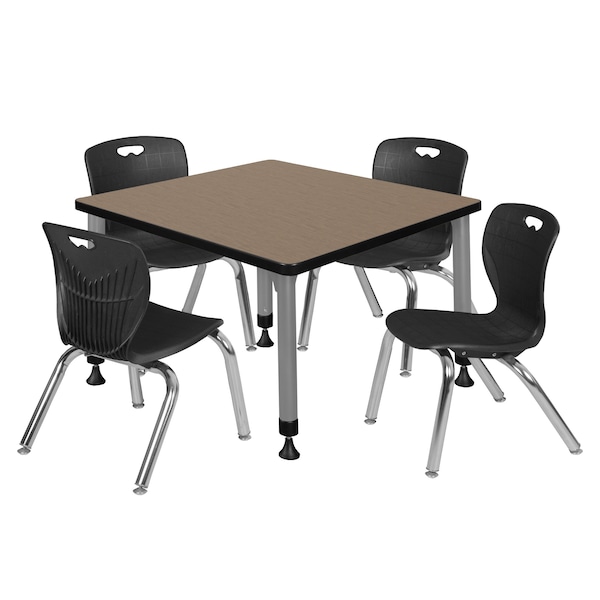 Regency Square Kee Adjustable Classroom Table W/ 4 Andy Stack Chairs, 30 in W, 30 in L, Noble Oak - TB3030NOAPGY45BK