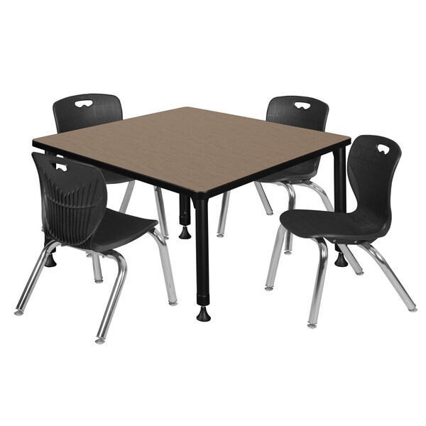 Regency Square Kee Adjustable Classroom Table W/ 4 Andy Stack Chairs, 36 in W, 30 in L, Noble Oak - TB3636NOAPBK45BK