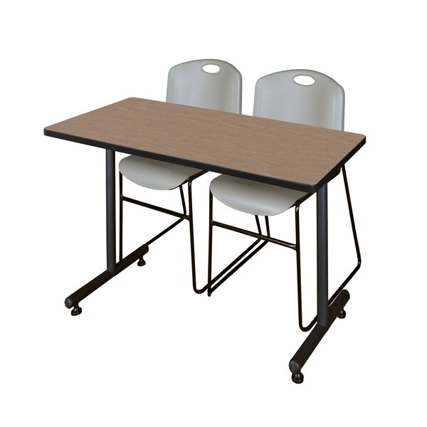 Regency Kobe T-Base Training Seminar Table W/ 2 Zeng Stack Chairs, 48 in W, 24 in L, Noble Oak - MKTRCT4824NO44GY