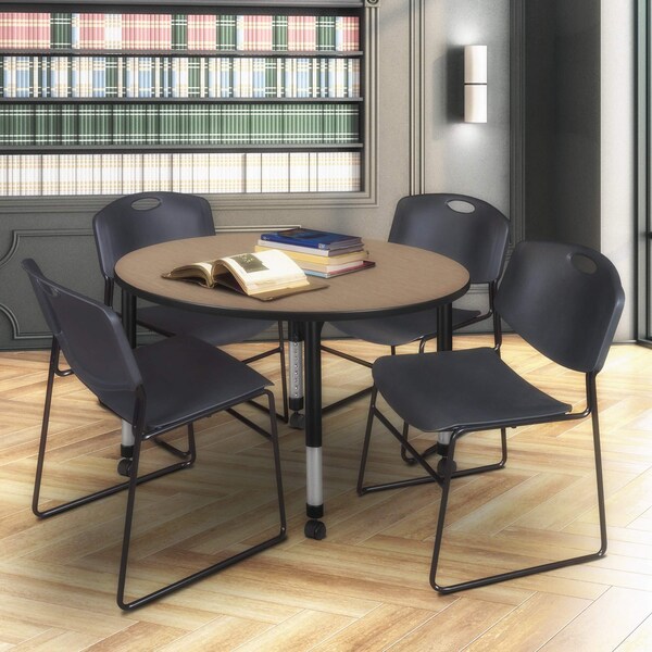 Regency Round Kee Mobile Adjustable Classroom Table W/ 4 Zeng Stack Chairs, 48 in W, 48 in L, Noble Oak - TB48RNDNOAPCBK44BK