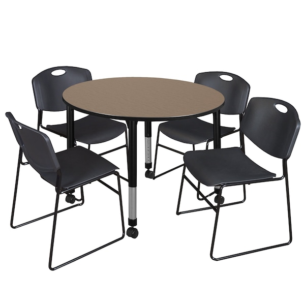 Regency Round Kee Mobile Adjustable Classroom Table W/ 4 Zeng Stack Chairs, 48 in W, 48 in L, Noble Oak - TB48RNDNOAPCBK44BK