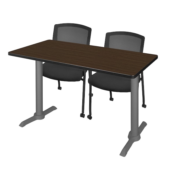 Regency Kobe T-Base Training Seminar Table W/ 2 Knight Mesh Chairs, 48 in W, 24 in L, Neo Walnut - MTRCT4824NWGY56CBK