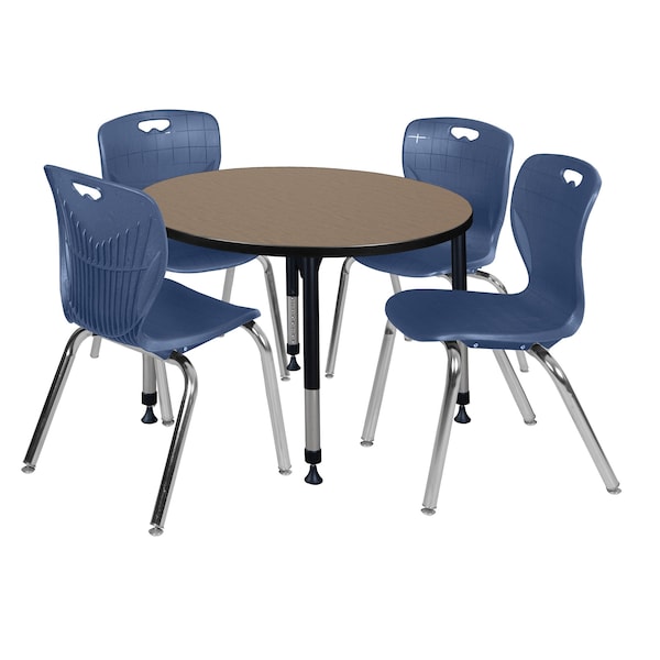 Regency Round Kee Adjustable Classroom Table W/ 4 Andy Stack Chairs, 42 in W, 42 in L, Noble Oak - TB42RNDNOAPBK40NV
