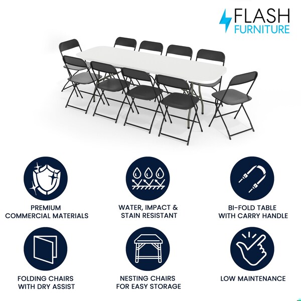 Flash Furniture Plastic Event Fold Table Set - RB-3096F-10-LEL3-BK-GG