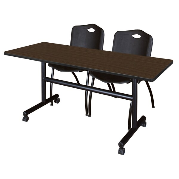 Regency Kobe Flip-Top Training Nesting Table W/ 2 M Stack Chairs, 60 in W, 30 in L, Neo Walnut - MKFT6030NW47BK