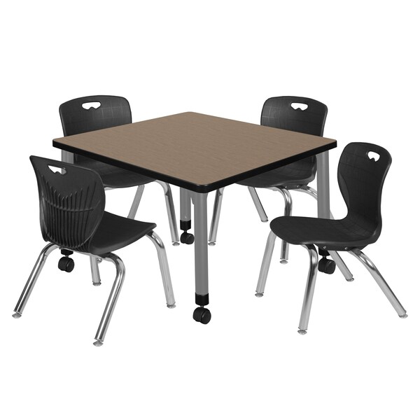 Regency Square Kee Mobile Adjustable Classroom Table W/ 4 Andy Chairs, 30 in W, 30 in L, Noble Oak - TB3030NOAPCGY45BK