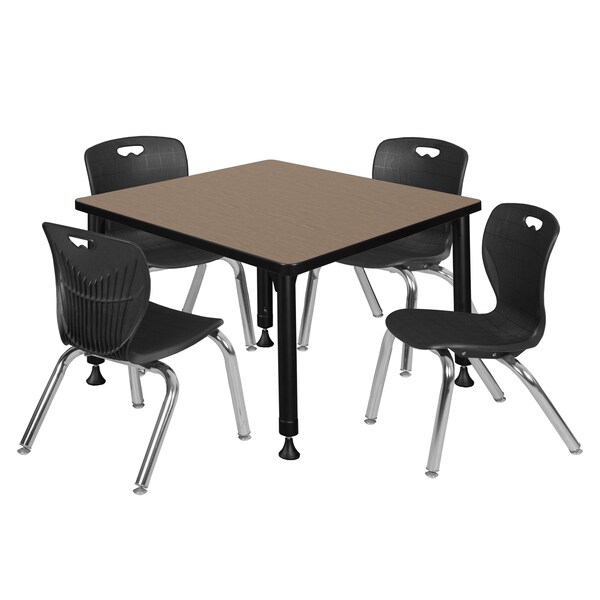 Regency Square Kee Adjustable Classroom Table W/ 4 Andy Stack Chairs, 30 in W, 30 in L, Noble Oak - TB3030NOAPBK45BK