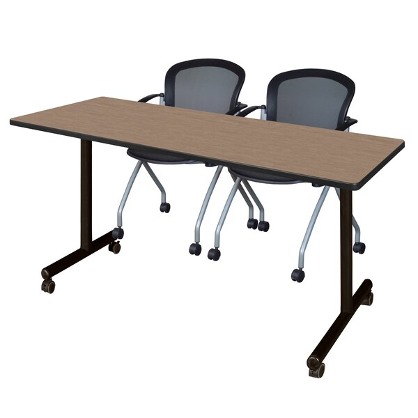 Regency Kobe Mobile T-Base Training Table W/ 2 Stack Chairs, 60 in W, 24 in L, Noble Oak - MKTRCC6024NO23BK