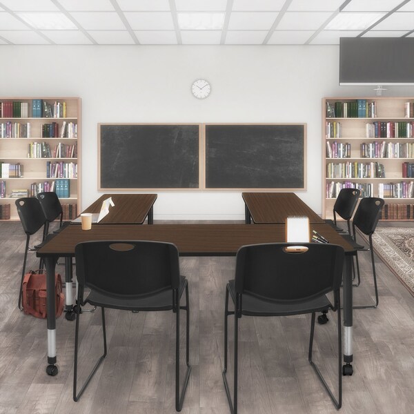 Regency Kee Mobile Adjustable Classroom Table W/ 2 Zeng Stack Chairs, 66 in W, 24 in L, Neo Walnut - MT6624NWAPCBK44BK