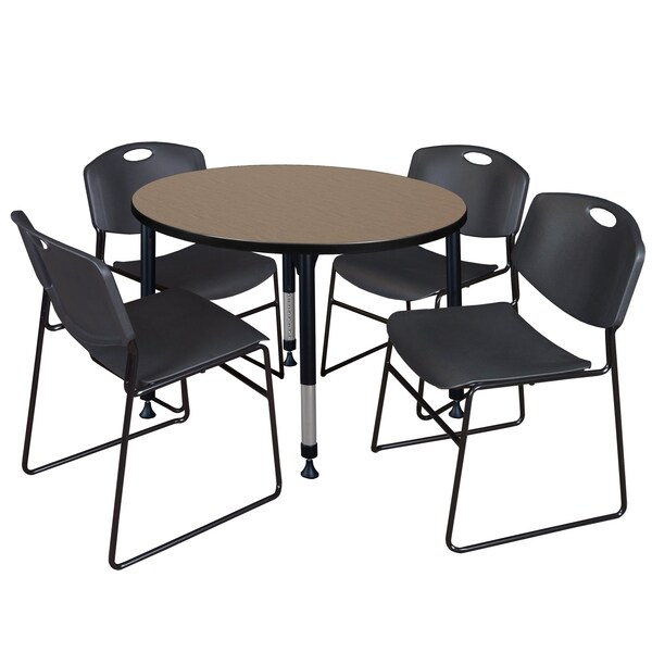 Regency Round Kee Adjustable Classroom Table W/ 4 Zeng Stack Chairs, 36 in W, 36 in L, Noble Oak - TB36RNDNOAPBK44BK