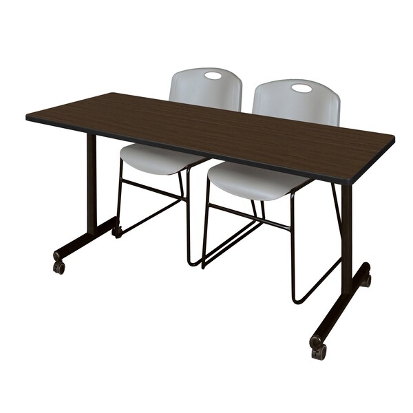 Regency Kobe Mobile T-Base Training Table W/ 2 Zeng Stack Chairs, 72 in W, 24 in L, Neo Walnut - MKTRCC7224NW44GY