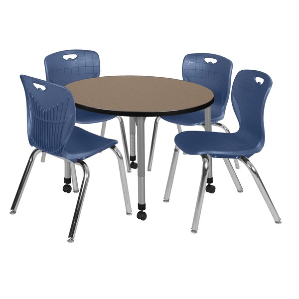 Regency Round Kee Mobile Adjustable Classroom Table W/ 4 Andy Chairs, 42 in W, 42 in L, Noble Oak - TB42RNDNOAPCGY40NV