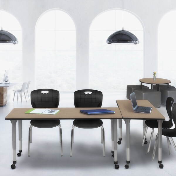 Regency Kee Mobile Adjustable Classroom Table W/ 2 Andy Mobile Chairs, 72 in W, 24 in L, Noble Oak - MT7224NOAPCGY40BK