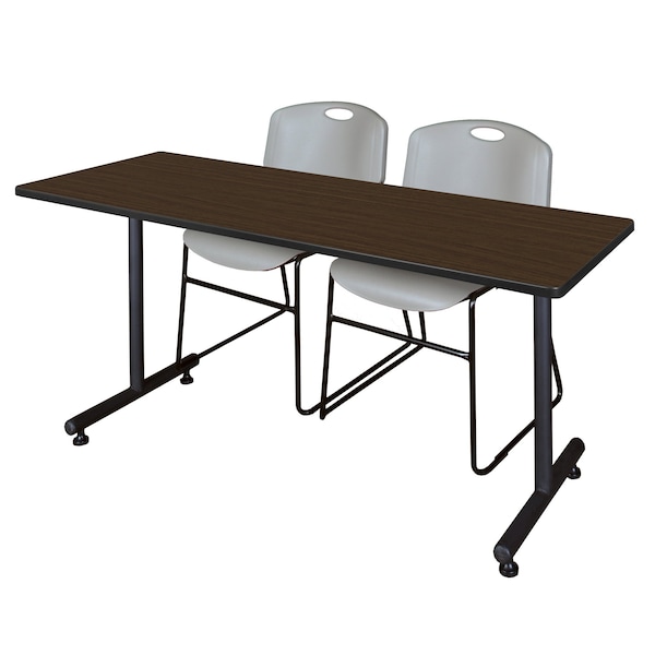 Regency Kobe T-Base Training Seminar Table W/ 2 Zeng Stack Chairs, 60 in W, 24 in L, Neo Walnut - MKTRCT6024NW44GY
