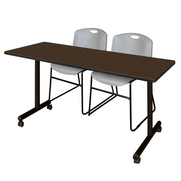 Regency Kobe Mobile T-Base Training Table W/ 2 Zeng Stack Chairs, 60 in W, 24 in L, Neo Walnut - MKTRCC6024NW44GY