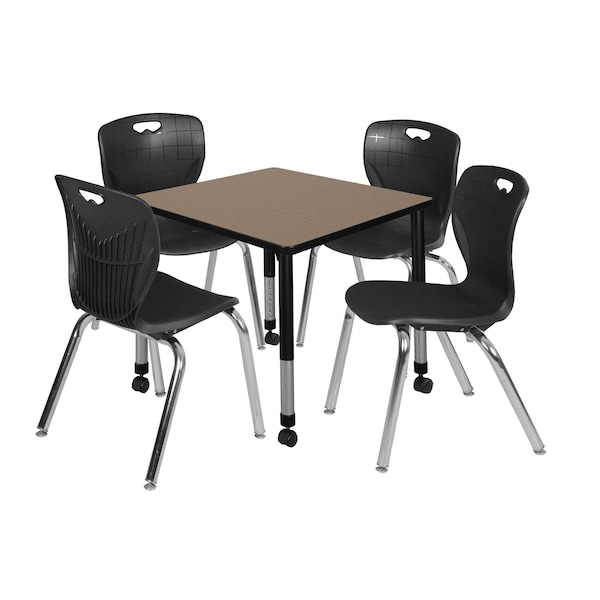 Regency Square Kee Mobile Adjustable Classroom Table W/ 4 Andy Chairs, 30 in W, 30 in L, Noble Oak - TB3030NOAPCBK40BK