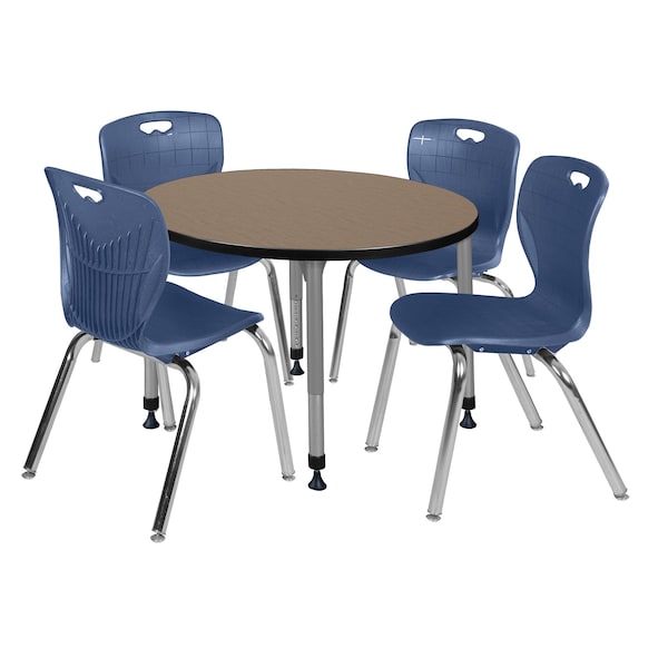 Regency Round Kee Adjustable Classroom Table W/ 4 Andy Stack Chairs, 36 in W, 36 in L, Noble Oak - TB36RNDNOAPGY40NV