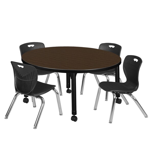 Regency Round Kee Mobile Adjustable Classroom Table W/ 4 Andy Chairs, 36 in W, 36 in L, Neo Walnut - TB36RNDNWAPCBK45BK