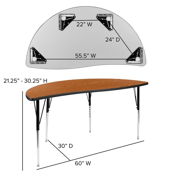 Flash Furniture Half Round 30 W, 60 L, 30.25 H, Chrome, Laminate, Particleboard, Steel, Wood Grain - XU-A60-HCIRC-OAK-T-A-GG