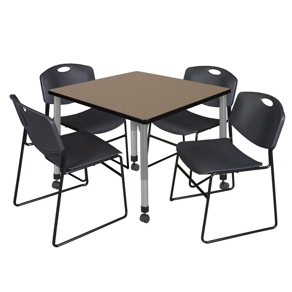 Regency Square Kee Mobile Adjustable Classroom Table W/ 4 Zeng Stack Chairs, 36 in W, 36 in L, Noble Oak - TB3636NOAPCGY44BK