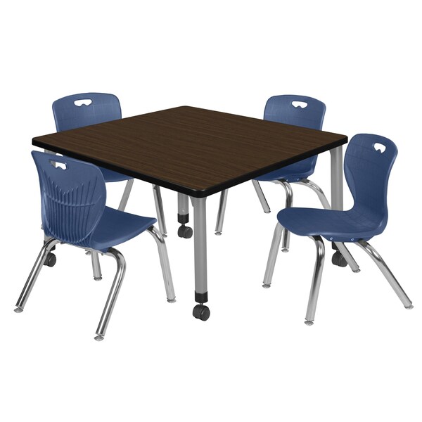Regency Square Kee Mobile Adjustable Classroom Table W/ 4 Andy Chairs, 36 in W, 36 in L, Neo Walnut - TB3636NWAPCGY45NV