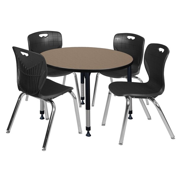 Regency Round Kee Adjustable Classroom Table W/ 4 Andy Stack Chairs, 42 in W, 42 in L, Noble Oak - TB42RNDNOAPBK40BK