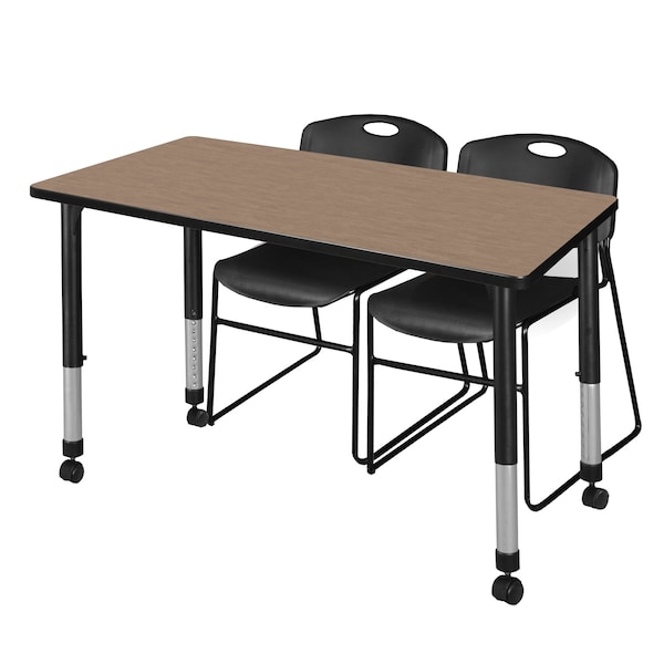 Regency Kee Mobile Adjustable Classroom Table W/ 2 Zeng Stack Chairs, 48 in W, 30 in L, Noble Oak - MT4830NOAPCBK44BK