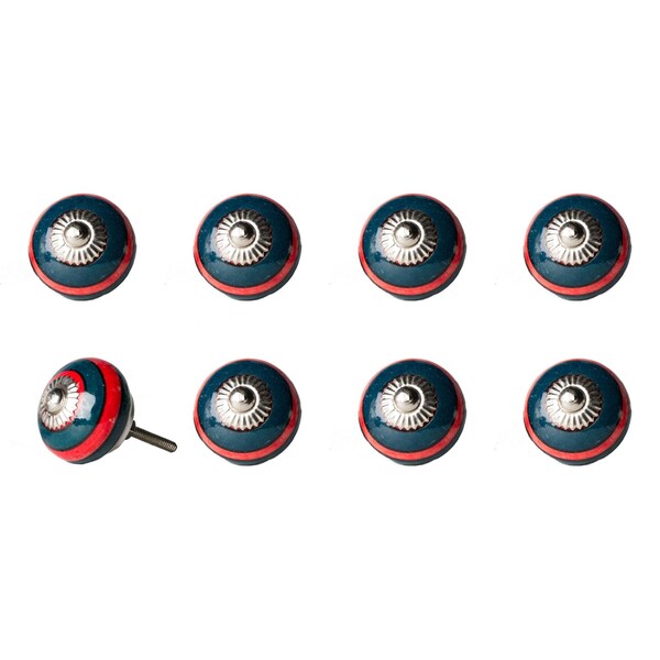 Homeroots Navy & Red Ceramic; Metal Knob - 1.5 x 1.5 x 1.5 in.; Pack of 8 - 358113