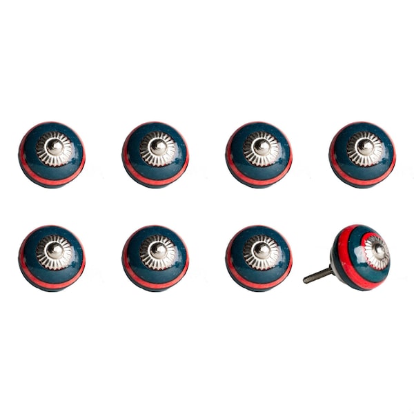 Homeroots Navy & Red Ceramic; Metal Knob - 1.5 x 1.5 x 1.5 in.; Pack of 8 - 358113