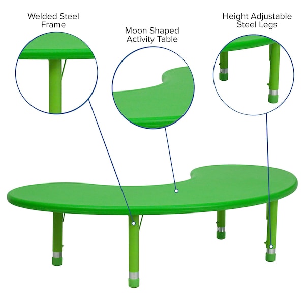 Flash Furniture Kidney Activity Table, 35 W, 65 L, 23.75 H, Plastic, Steel, Green - YU-YCX-004-2-MOON-TBL-GREEN-GG