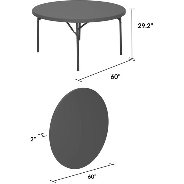 Zown Folding Table, Resin, 60" Round, Seats 8, Grey Color - 60535SGY1E