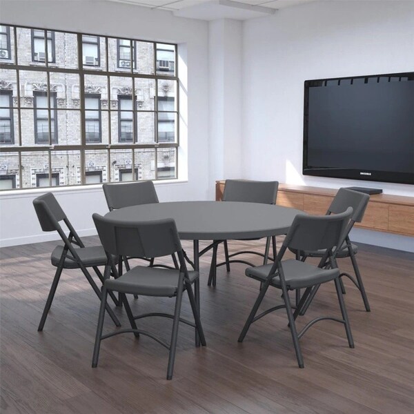 Zown Folding Table, Resin, 60" Round, Seats 8, Grey Color - 60535SGY1E