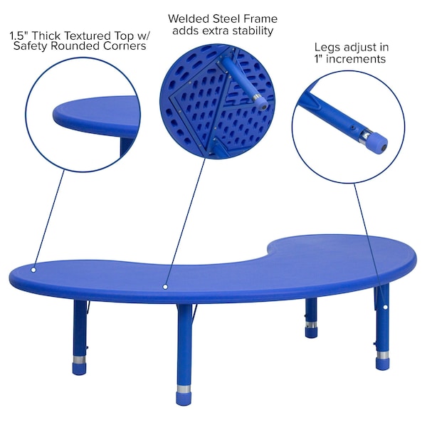 Flash Furniture Kidney Activity Table, 35 W, 65 L, 23.75 H, Plastic, Steel, Blue - YU-YCX-004-2-MOON-TBL-BLUE-GG