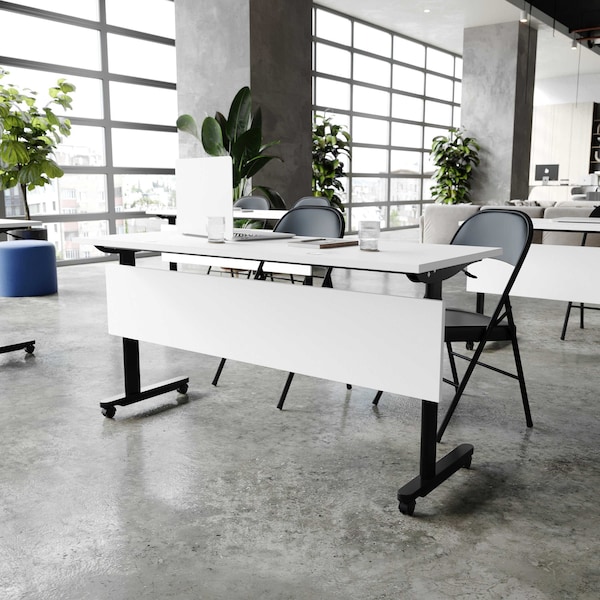 Flash Furniture Palmer 60in. x 24in. HD Nesting Table w/T-Legs, Modesty Panel, 1in. Thick White Tabletop, Blk Frame - MT-M6024-T-LEG-WHTBLK-GG