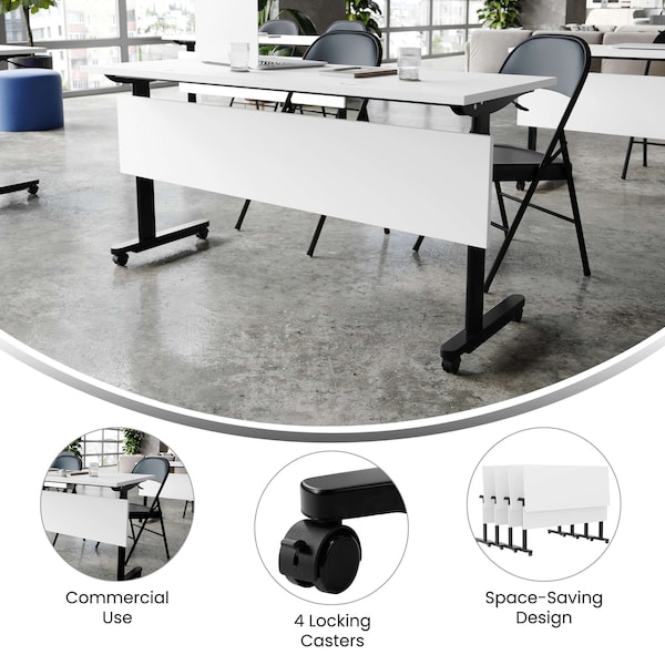 Flash Furniture Palmer 60in. x 24in. HD Nesting Table w/T-Legs, Modesty Panel, 1in. Thick White Tabletop, Blk Frame - MT-M6024-T-LEG-WHTBLK-GG