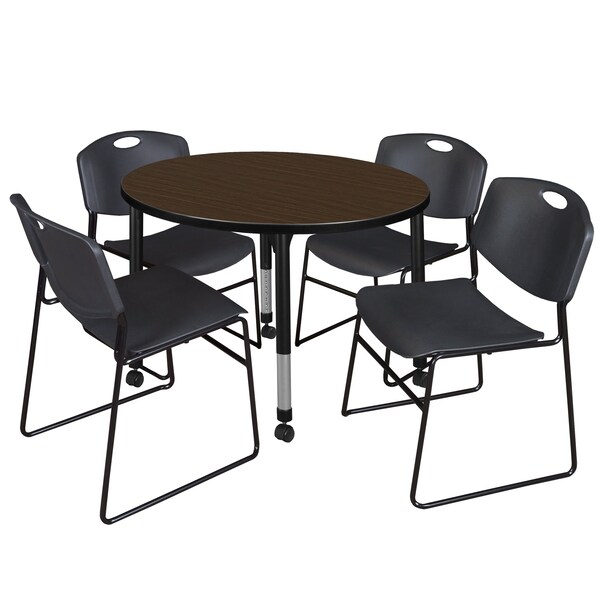Regency Round Kee Mobile Adjustable Classroom Table W/ 4 Zeng Stack Chairs, 36 in W, 36 in L, Neo Walnut - TB36RNDNWAPCBK44BK