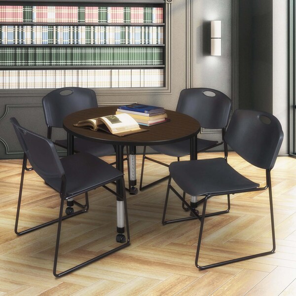 Regency Round Kee Mobile Adjustable Classroom Table W/ 4 Zeng Stack Chairs, 36 in W, 36 in L, Neo Walnut - TB36RNDNWAPCBK44BK